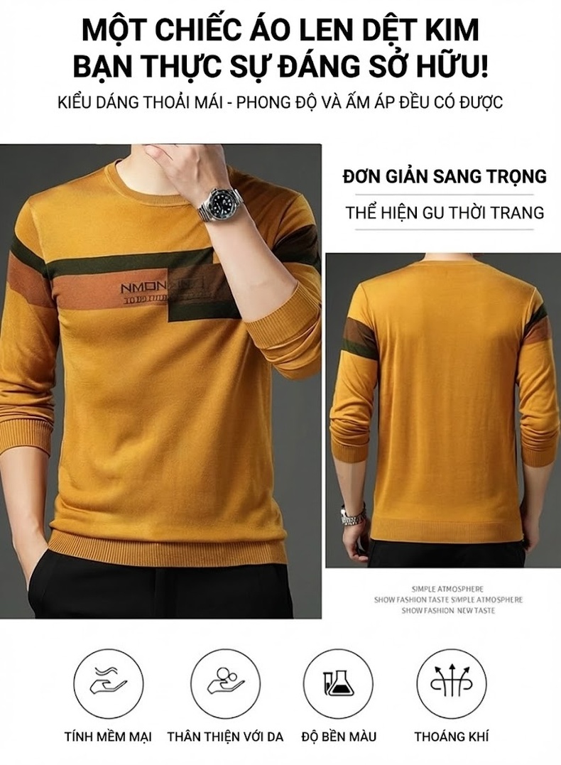 Áo Thun Dệt Kim Tay Dài Cổ Tròn Mỏng Phong Cách Thu Đông Cho Nam Màu Vàng chi tiết 1