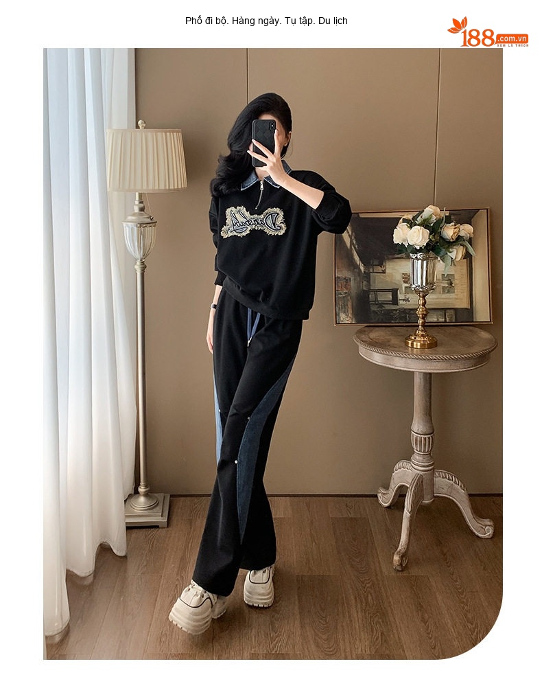 Bộ Đồ Nữ Áo Hoodie Tay Dài Quần Ống Rộng Phong Cách Casual Màu Đen chi tiết 14