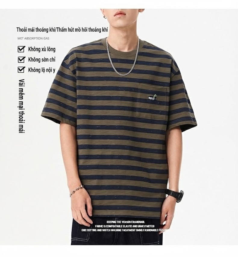 Áo Thun Nam Tay Ngắn Cotton Họa Tiết Sọc Ngang Form Rộng Màu Xanh Olive, Trắng chi tiết 6
