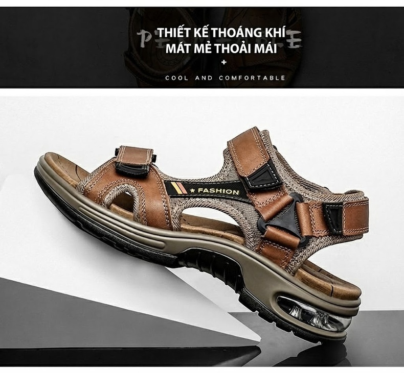 Dép Sandal Nam Da Thật Hở Ngón Thoáng Khí Chiều Cao Đế Khoảng 4cm Màu Nâu, Đen chi tiết 26