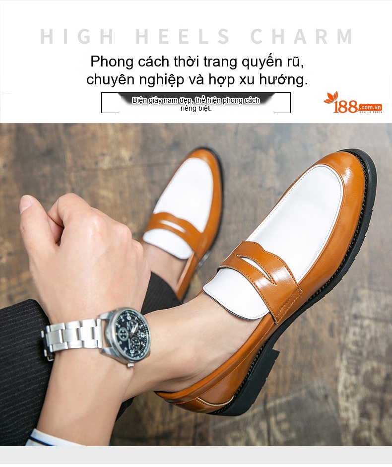 Giày Lười Nam Da Bóng Chiều Cao Đế Khoảng 3cm Màu Đen, Trắng, Nâu chi tiết 1