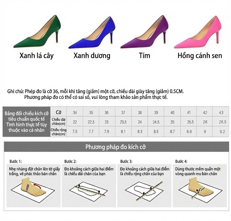 Giày Cao Gót Nữ Mũi Nhọn Da Bóng Chiều Cao Đế Khoảng 5cm Màu Đen, Tím, Đỏ, Xanh Dương... chi tiết 1