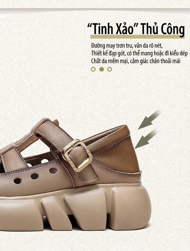 Dép Sandal Nữ Da Bò Quai Hậu Khóa Cài Đế Cao 4cm - 5cm Màu Be, Nâu, Xanh Lá chi tiết 4