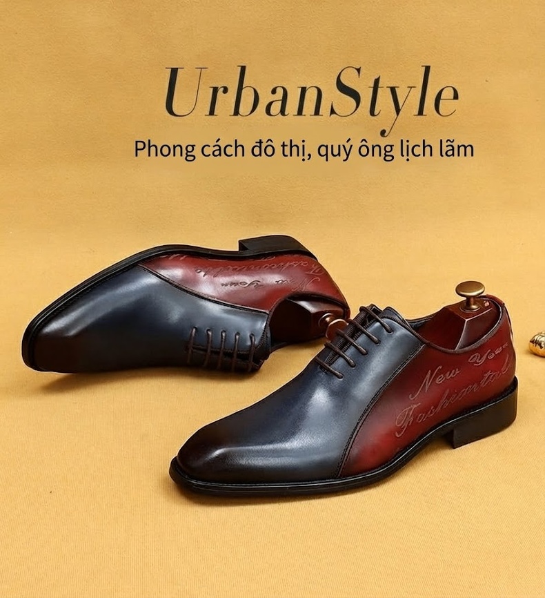 Giày Tây Oxford Nam Da Bóng Phối Màu Chiều Cao Đế Khoảng 3cm Màu Xanh Navy, Đỏ chi tiết 1
