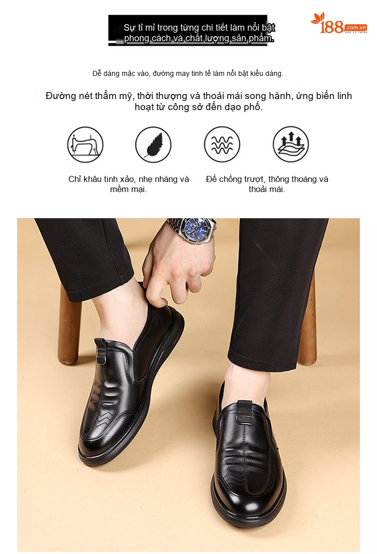 Giày Lười Nam Da Bò Chiều Cao Đế Khoảng 3cm Màu Đen chi tiết 2