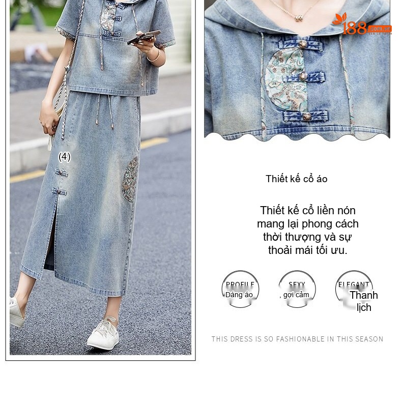 Set Bộ Quần Áo Nữ Phong Cách Trung Hoa Cổ Điển Áo Hoodie Tay Ngắn Chân Váy Jean Dáng Dài Thêu Họa Tiết chi tiết 8