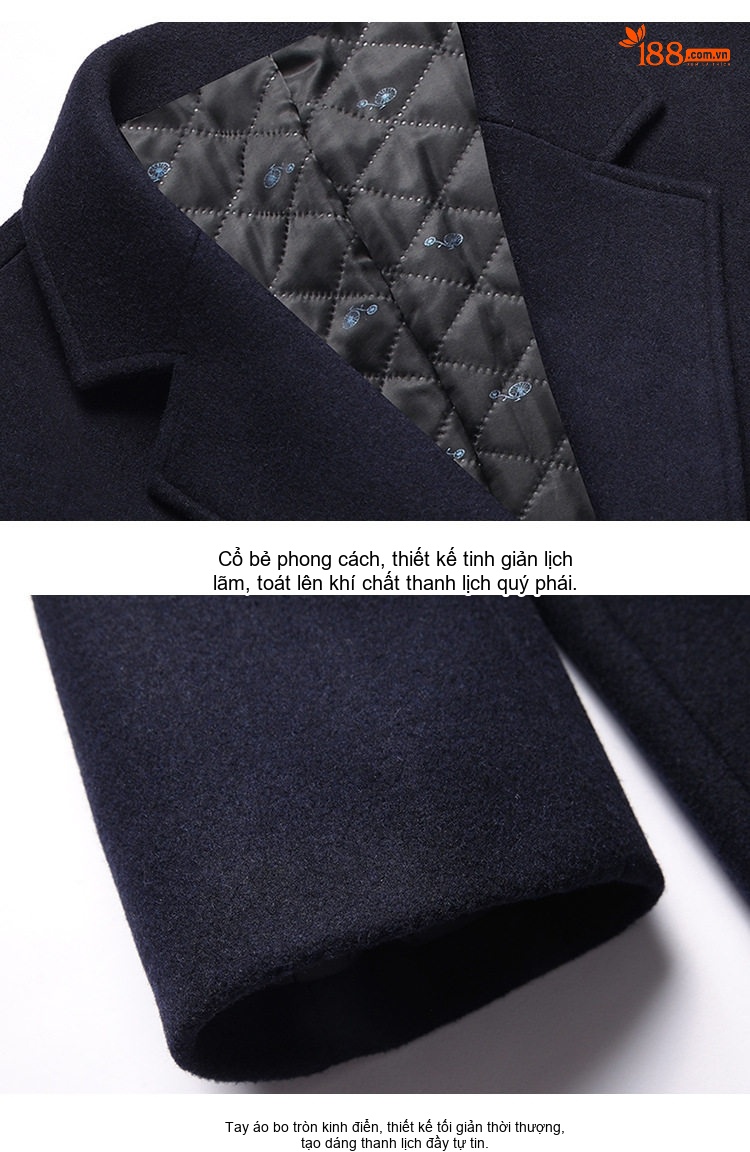 Áo Khoác Dạ Nam Dáng Dài Vừa Cổ chữ Vest Lót Lông Dày Dặn Màu Đen, Xanh Navy, Xám, Đỏ Rượu Vang chi tiết 10
