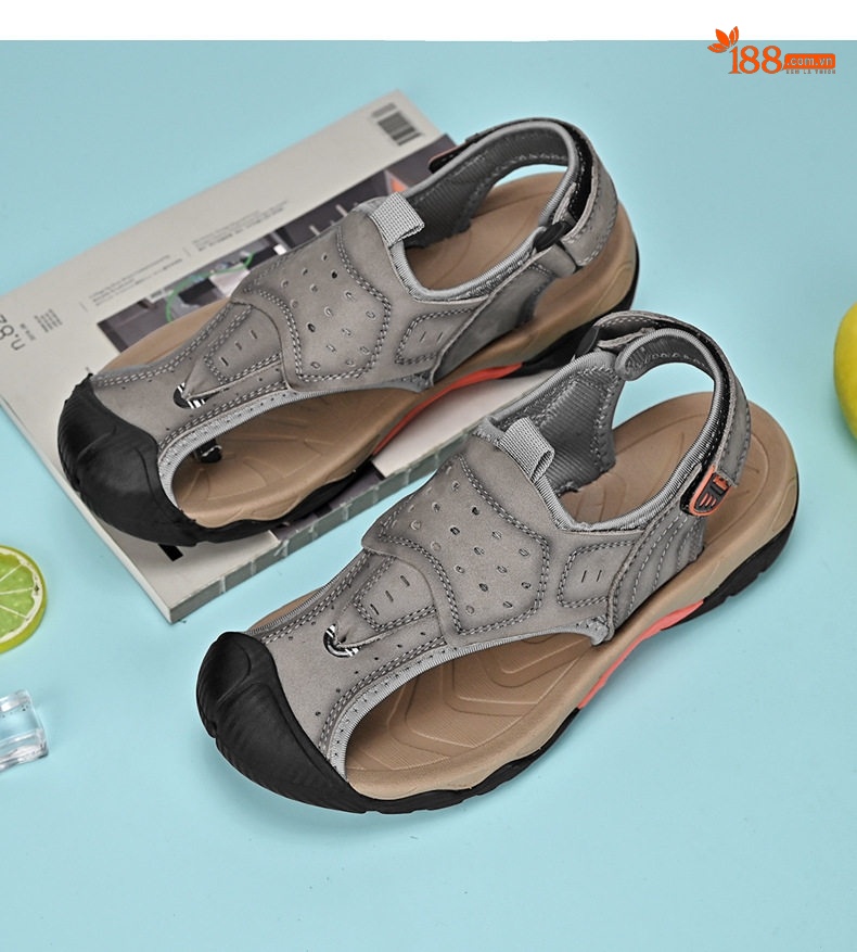 Dép Sandal Nam Da Thật Bít Mũi Thoáng Khí Chiều Cao Đế Khoảng 3cm Màu Nâu, Xám, Đen chi tiết 11