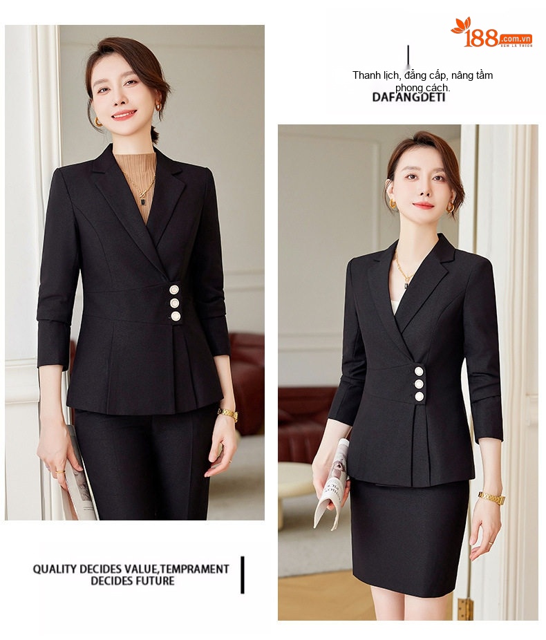 Bộ Vest Nữ Thiết Kế Thời Trang Thu Đông Dáng Ôm Công Sở Cao Cấp Màu Đen chi tiết 7