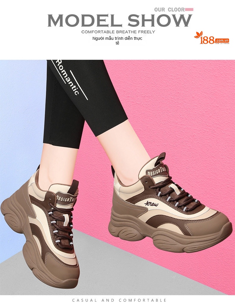 Giày Sneaker Nữ Đế Dày Tăng Chiều Cao Khoảng 5cm Kiểu Dáng Thể Thao Màu Đen, Trắng, Nâu, Kem... chi tiết 8