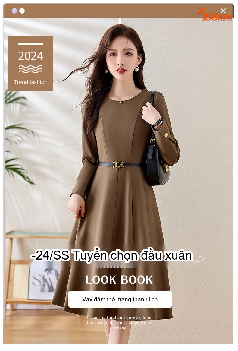 Đầm Xòe Dài Tay dáng chữ A Chiết Eo Thanh Lịch Màu Đen, Nâu chi tiết 1