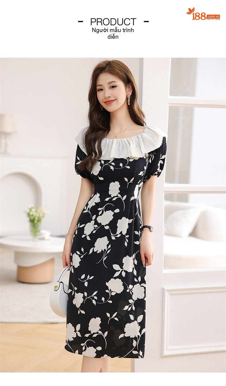 Váy liền thân Nữ Cổ Búp Bê Họa Tiết Hoa Nhí Thiết Kế Dáng Xòe Màu Đen, Trắng chi tiết 12