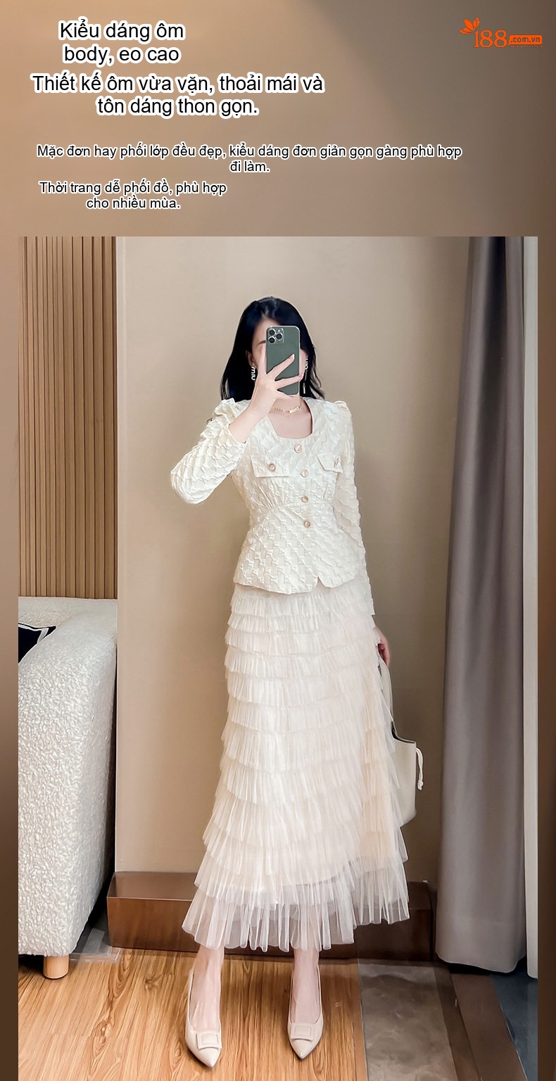 Set Áo Blazer và Chân Váy Xếp Tầng Nữ Tính Dự Tiệc Màu Xanh, Trắng chi tiết 5