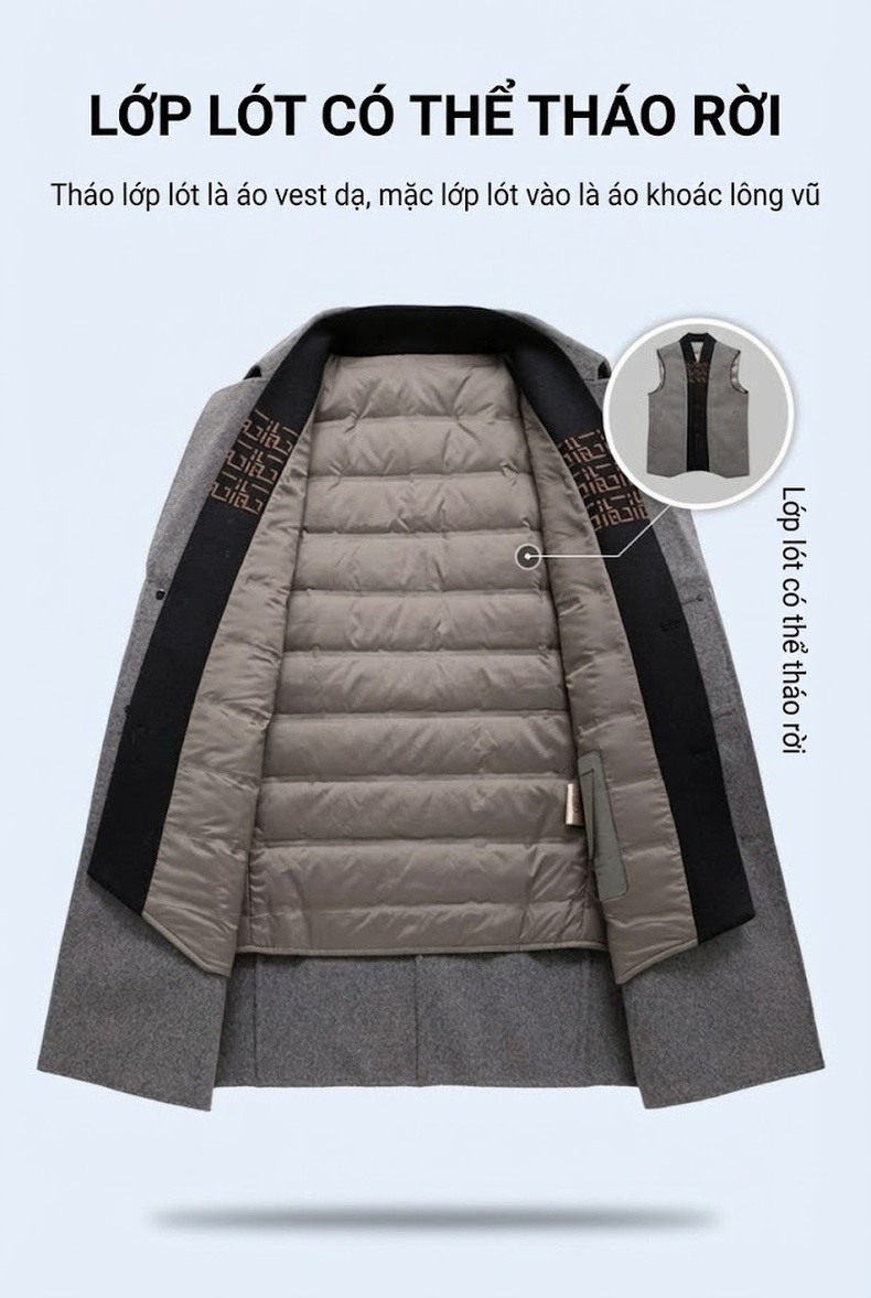 Áo Khoác Dạ Nam Lông Cừu Mỏng Cổ chữ Vest Lót Lông Vũ Tháo Rời Màu Đen, Xám, Nâu chi tiết 11
