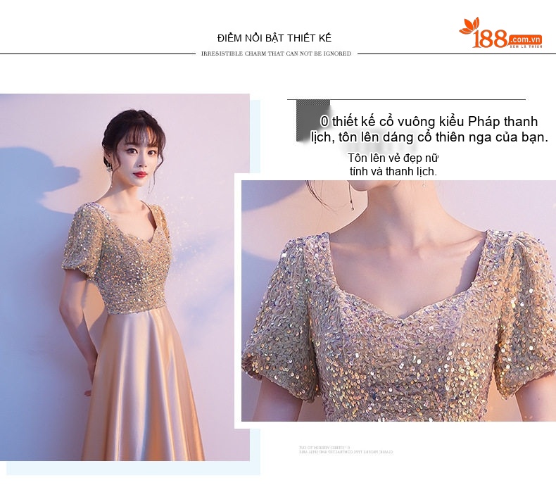 Váy Dạ Hội Nữ Dáng Dài Đính Kim Sa Màu Champagne chi tiết 2