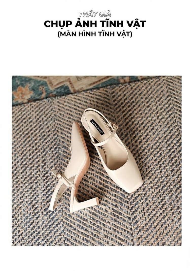 Giày Sandal Cao Gót Nữ Da Bóng Mũi Vuông Quai Hậu Gót Vuông Gót Cao 7cm - 8cm Màu Trắng, Hồng Kem chi tiết 14