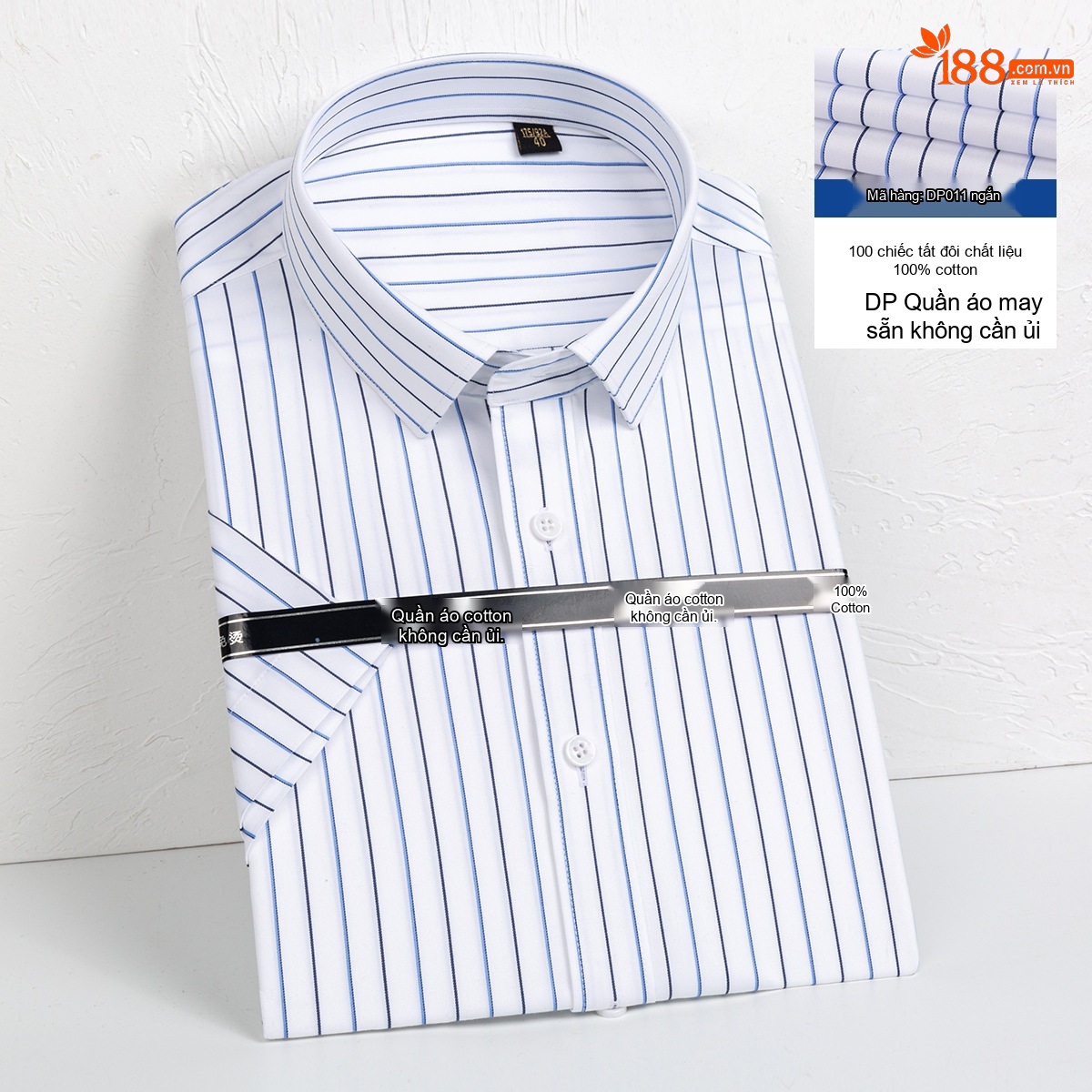 Áo Sơ Mi Nam Tay Ngắn Cotton Dáng Ôm Chống Nhăn Màu Xanh, Trắng