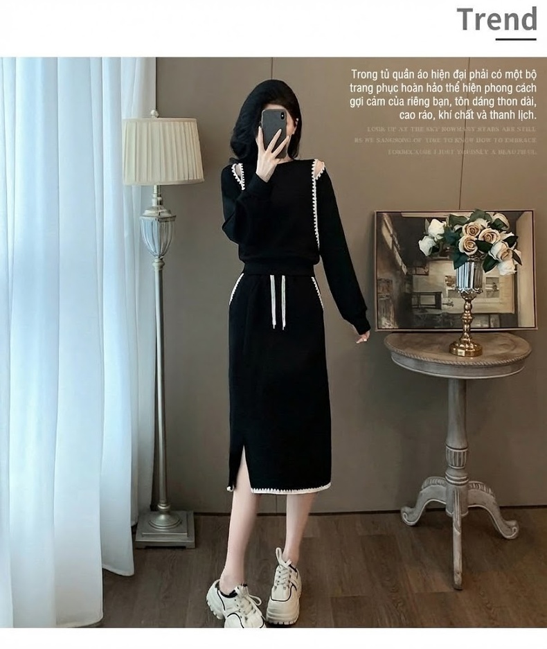 Set Bộ Áo Croptop Tay Dài Hở Vai và Chân Váy Dáng Ôm Xẻ Tà Phong Cách Tiểu Thư Màu Đen chi tiết 13