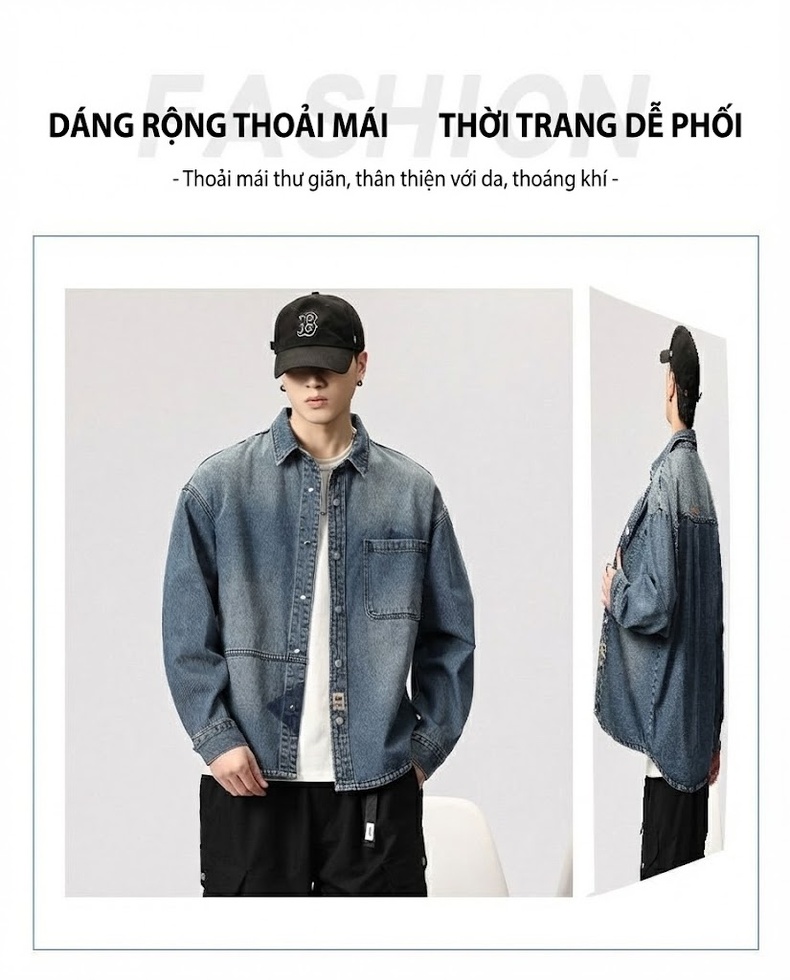 Áo Khoác Jean Nam Dáng Rộng Phong Cách Mỹ chi tiết 2