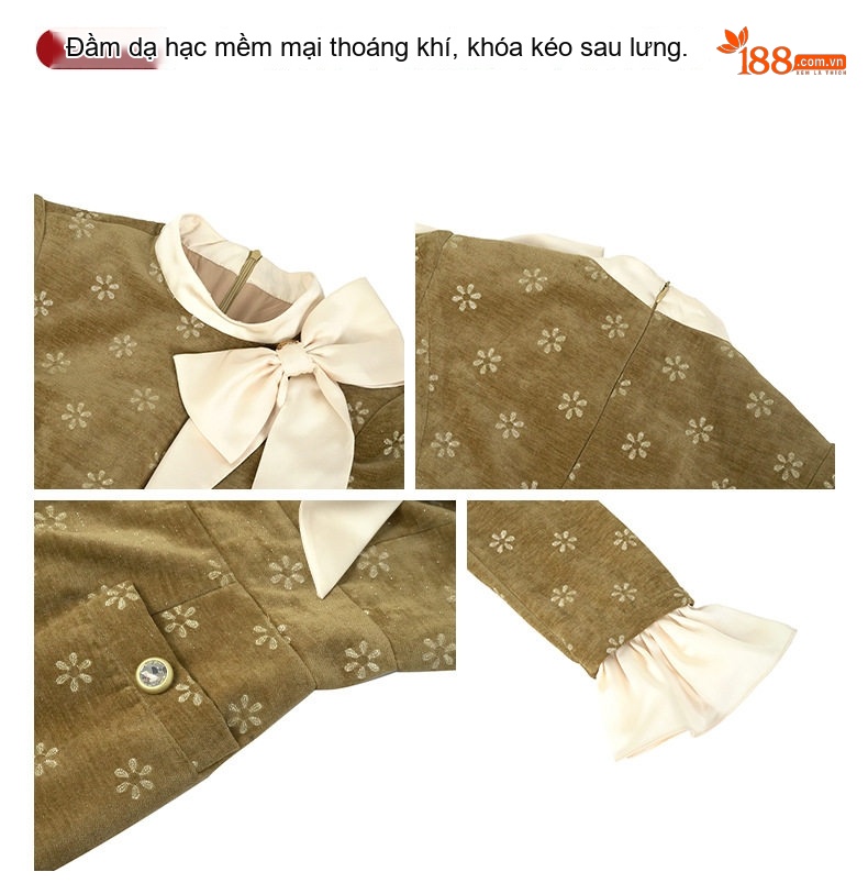 Váy liền thân Nữ Tay Loa Thân Ôm Thêu Hoa Cổ Tròn Nơ Bướm Chất Liệu Nhung Màu Nâu chi tiết 4