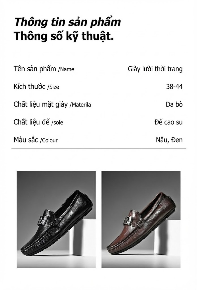 Giày Lười Nam Da Bò Chiều Cao Đế Khoảng 2cm Màu Đen, Nâu chi tiết 4
