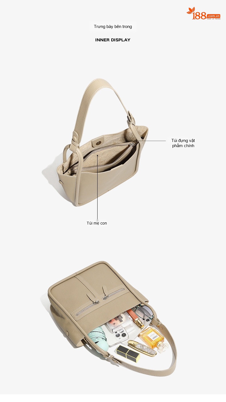 Túi Đeo Vai Nữ Da Bò Thật Dáng Horseshoe Công Sở, Túi Tote, Túi Bucket Màu Nâu chi tiết 9