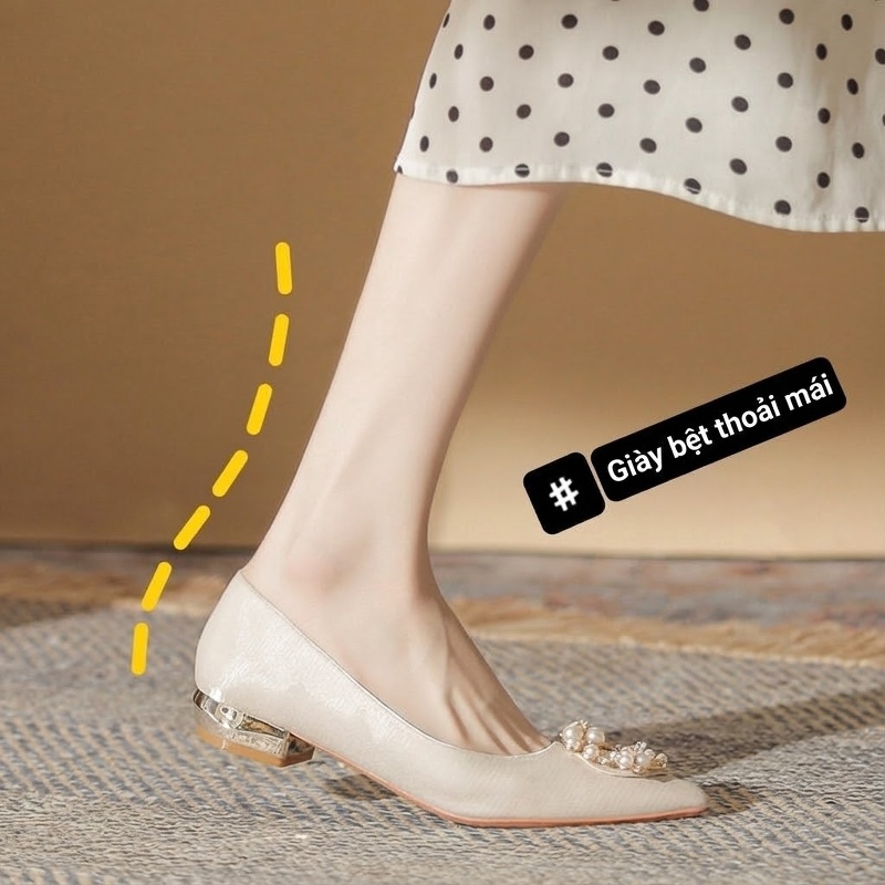 Giày Búp Bê Nữ Gót Vuông Chiều Cao Đế Khoảng 3cm Đính Đá, Ngọc Trai Màu Trắng Kem, Đỏ