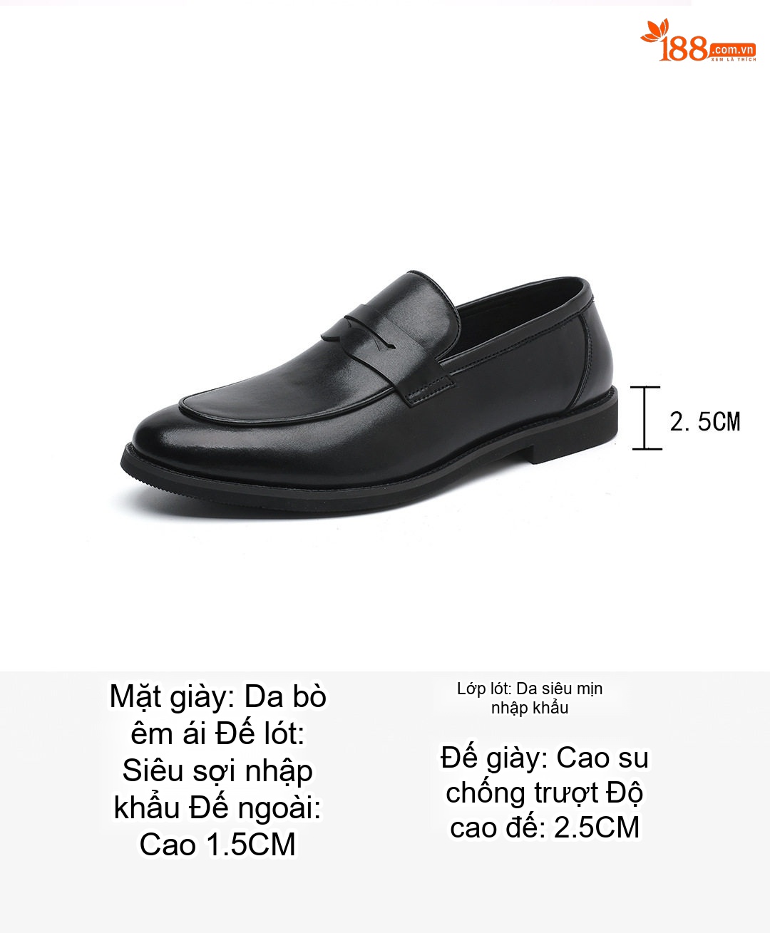 Giày Lười Nam Da Thật Penny Loafer Chiều Cao Đế Khoảng 2cm Màu Đen chi tiết 5