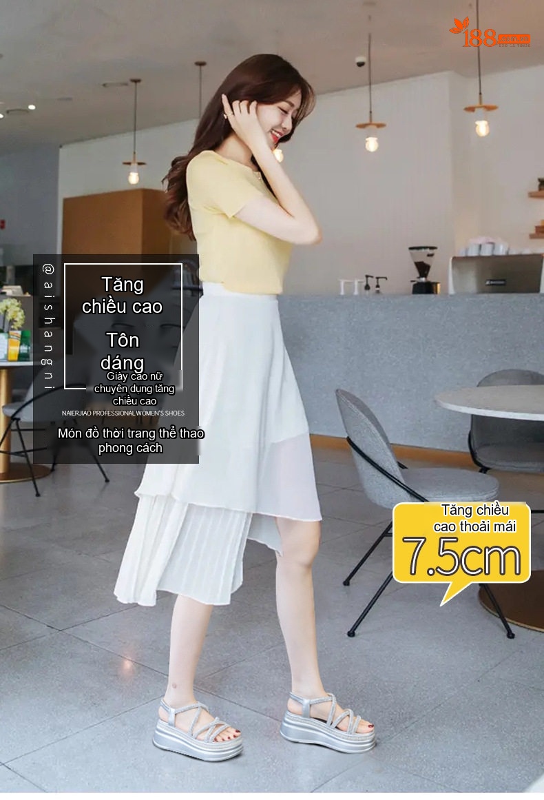 Dép Sandal Nữ Quai Ngang Đính Đá Đế Cao 4cm - 5cm Màu Trắng, Đen, Bạc chi tiết 1