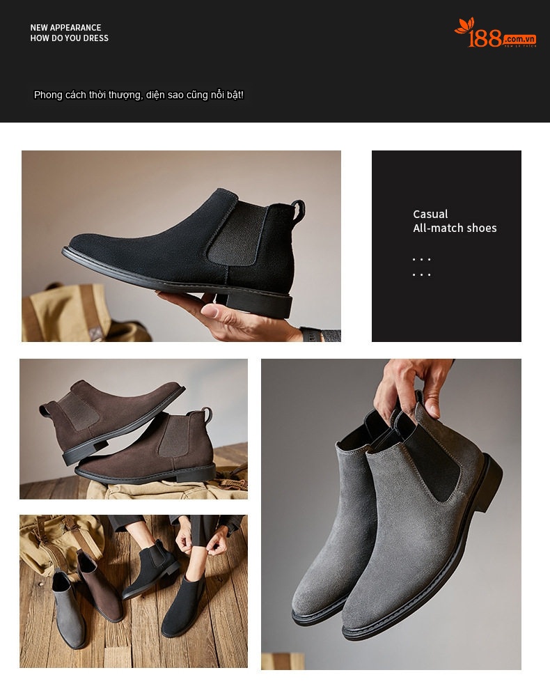 Boot Chelsea Nam Da Mờ Cao Cổ Chiều Cao Đế Khoảng 3cm Màu Đen, Nâu, Xám chi tiết 2
