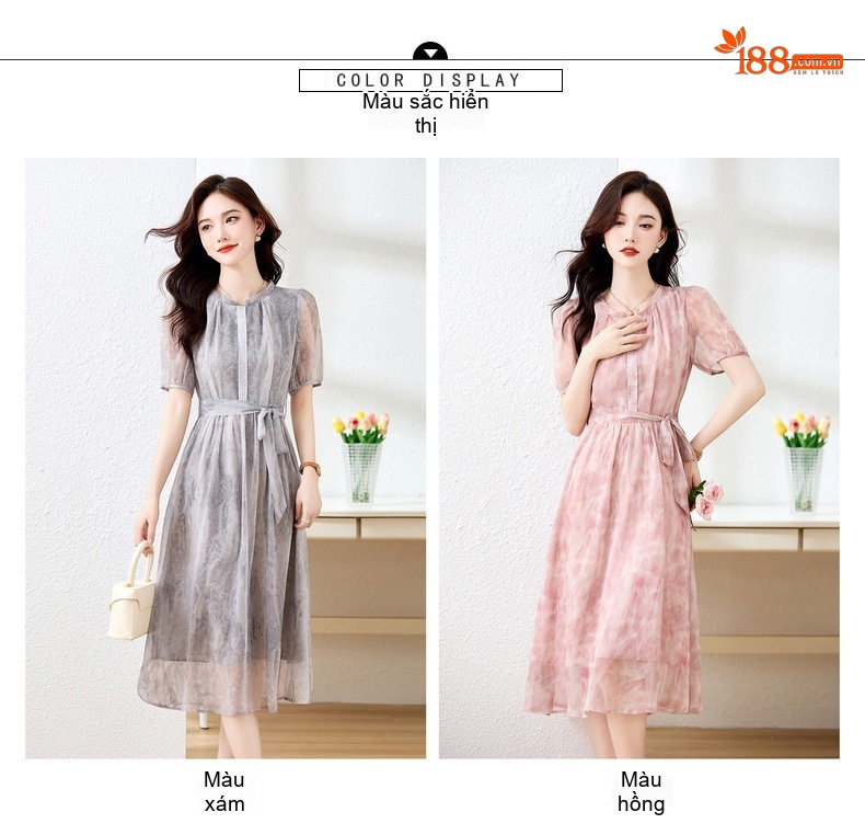 Đầm Xòe Nữ Tay Ngắn Thiết Kế Thanh Lịch Thoáng Mát Chất Liệu Voan Màu Hồng, Xám chi tiết 11
