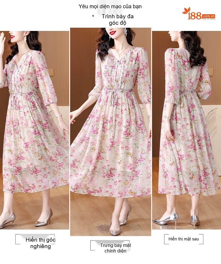 Váy Chữ A Lụa Thật Cổ chữ V Trẻ Trung Phong Cách Thời Trang Màu Trắng, Hồng chi tiết 7