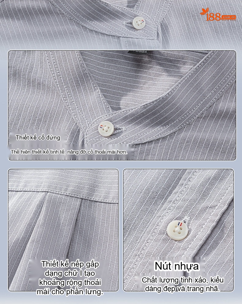 Áo Sơ Mi Nam Tay Dài Cotton Kẻ Sọc Cổ Trụ Form Slimfit Màu Xanh Dương, Trắng, Xám, Xanh... chi tiết 11