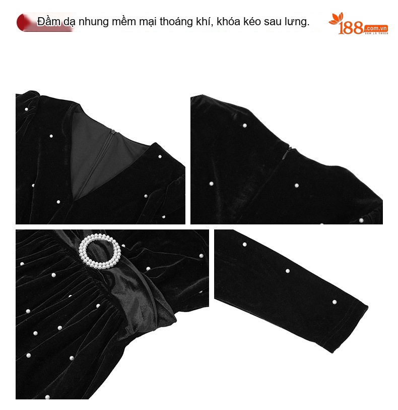 Váy Đầm Nữ Vải Nhung Cổ chữ V Tay Dài Ôm Dáng Phong Cách Pháp Màu Đen chi tiết 4