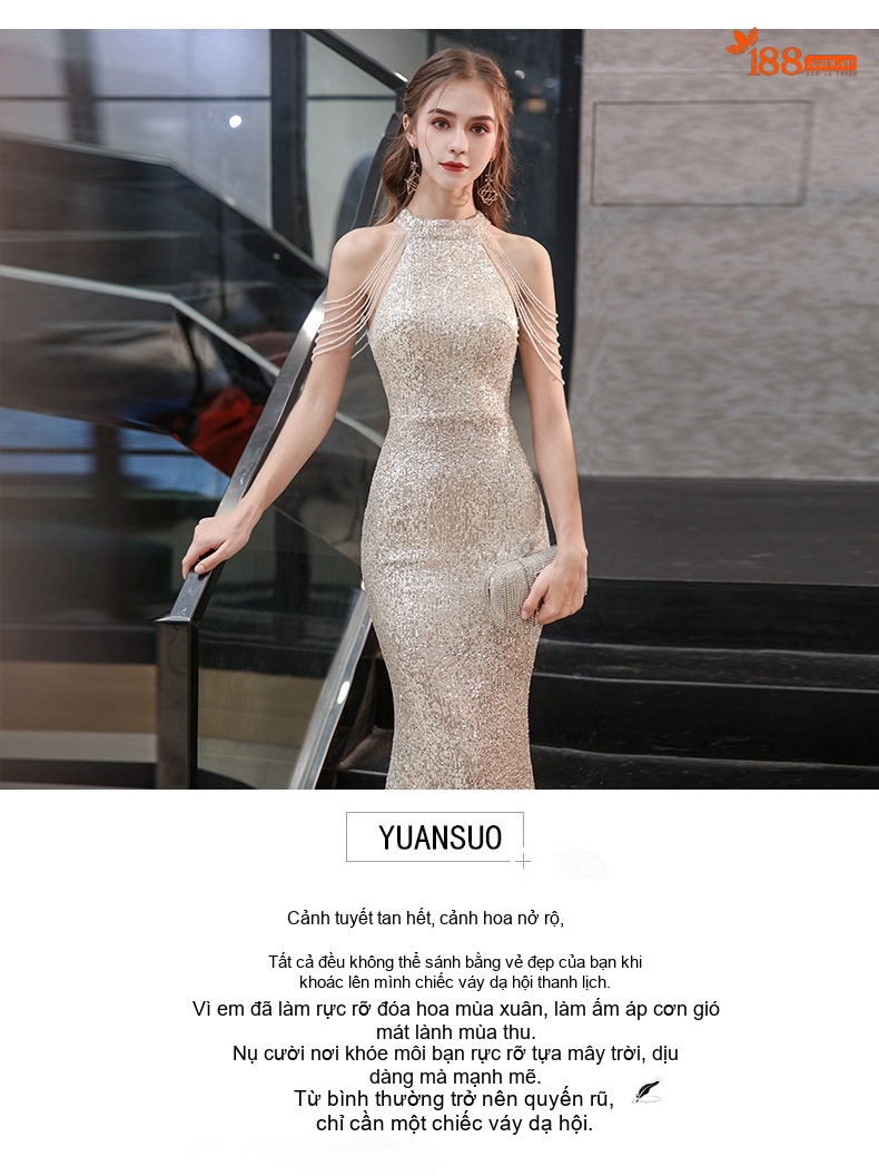 Váy Dạ Hội Dáng Đuôi Cá Hở Vai Sang Trọng Cho Tiệc Tối, Đính Hôn Màu Vàng Đồng chi tiết 2