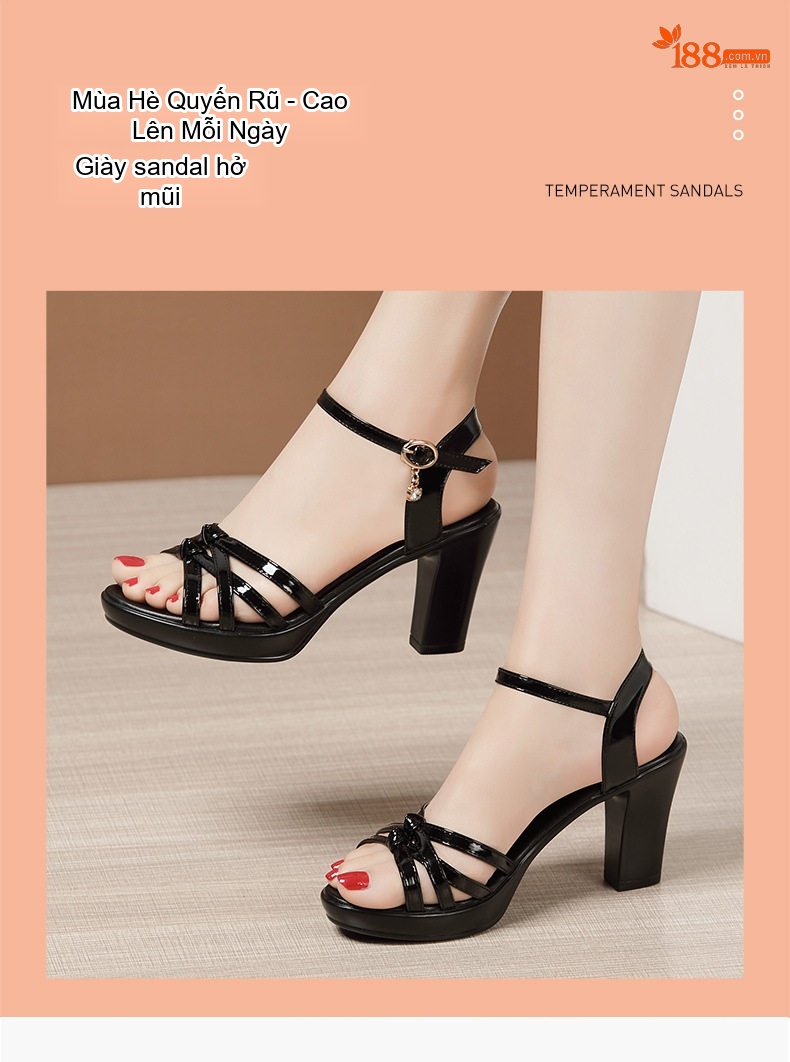 Giày Sandal Cao Gót Nữ Hở Ngón Quai Ngang Da Bóng Gót Cao 8cm Màu Đen, Đỏ, Trắng chi tiết 3