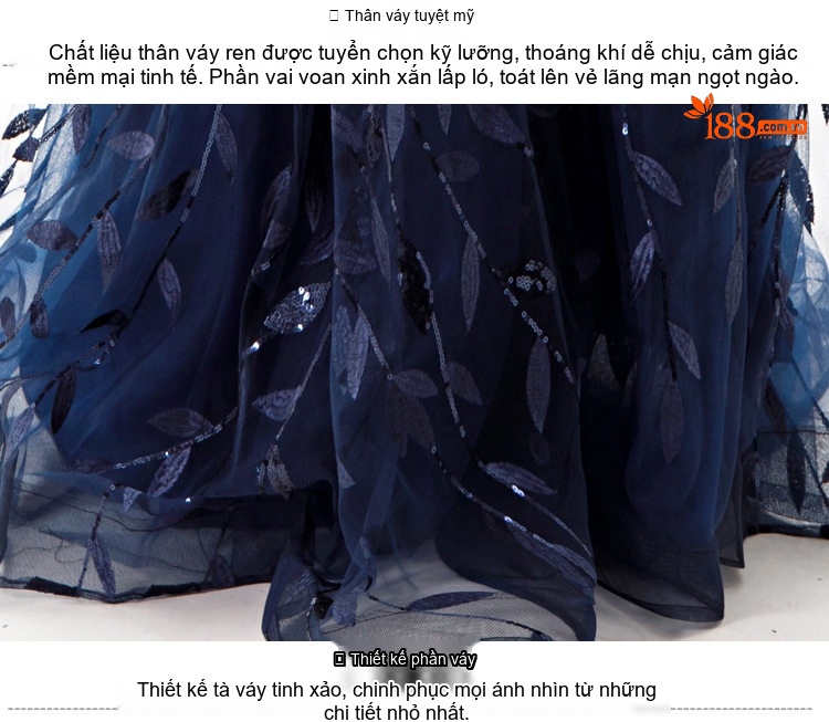 Váy Dạ Hội Dáng Dài Cổ chữ Vuông Tay Bồng Thướt Tha Màu Xanh Navy chi tiết 14