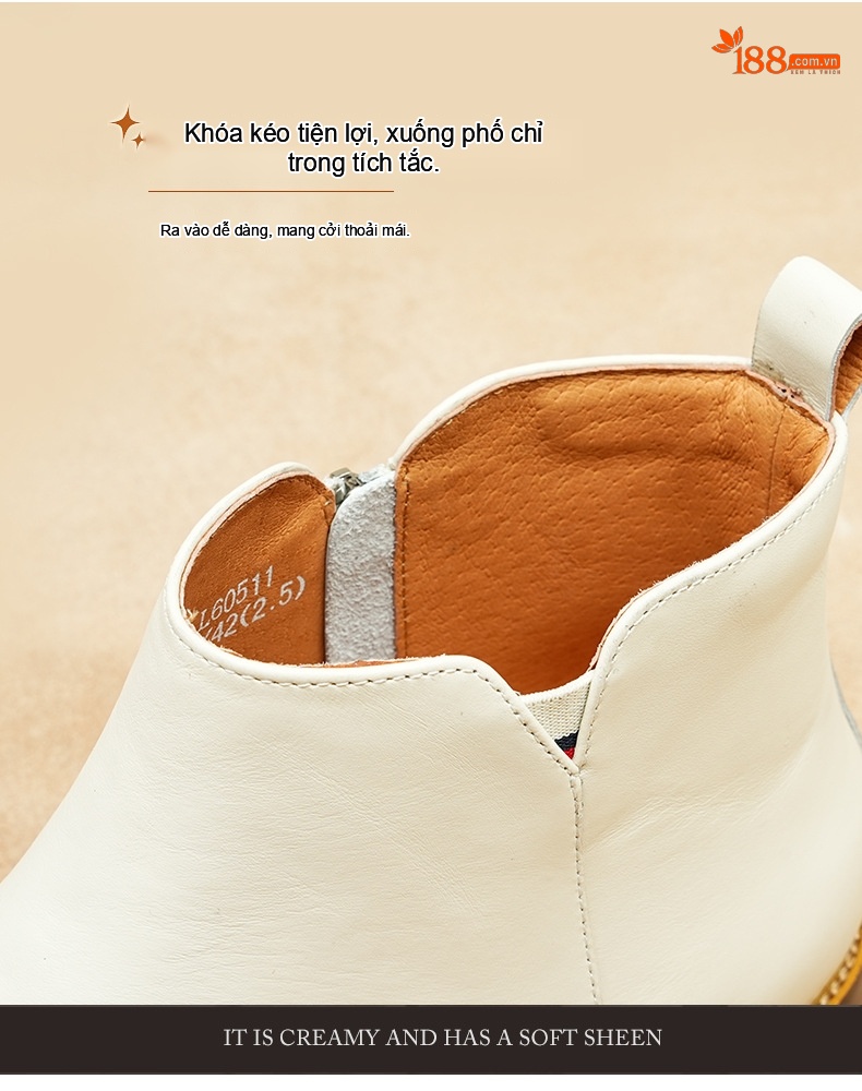 Boot Da Bò Cổ Cao Có Khóa Kéo Chiều Cao Đế Khoảng 3cm Màu Trắng chi tiết 5