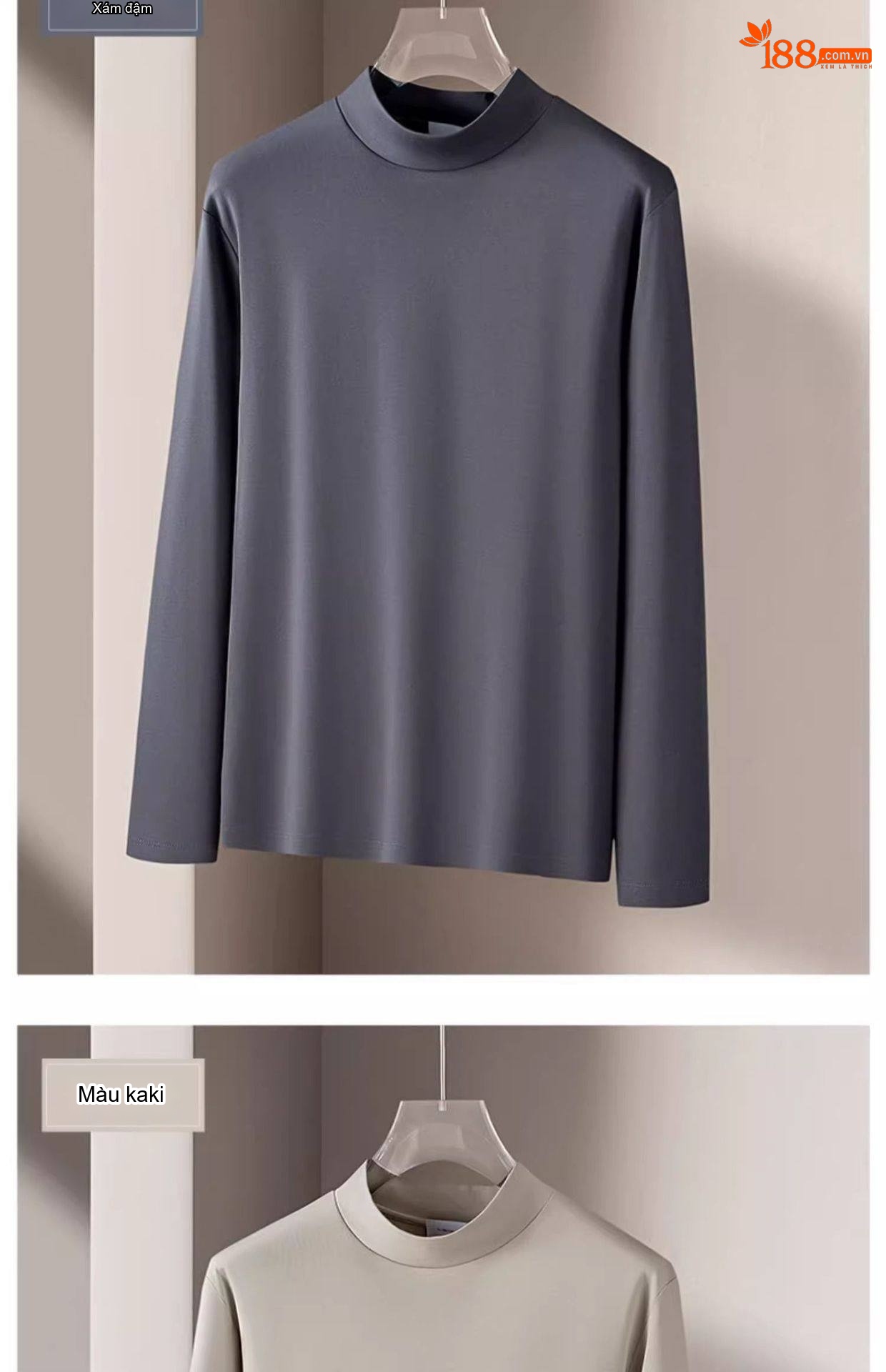 Áo Thun Dài Tay Nam Cổ Lọ Vải Cotton Thoáng Khí Giữ Ấm Mùa Thu Đông Màu Đen, Trắng, Nâu, Xám... chi tiết 30