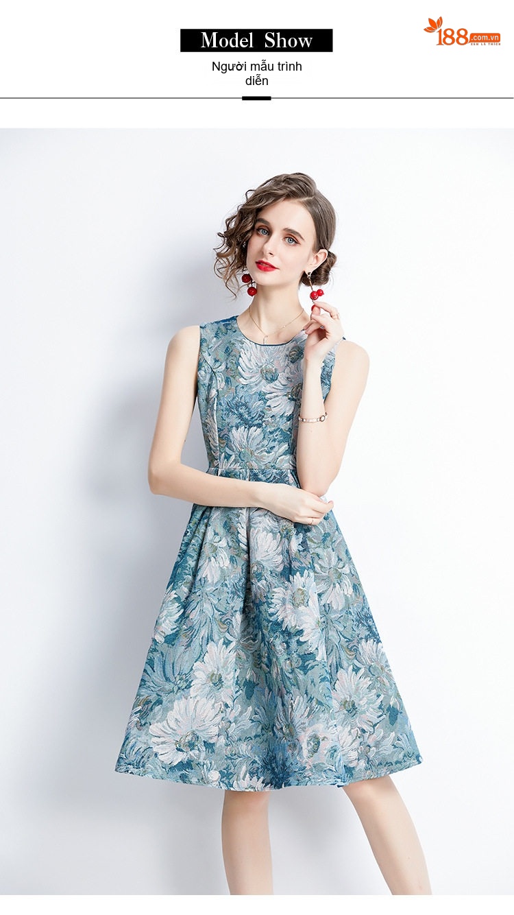 Váy liền thân Nữ Jacquard Phong Cách Cổ Điển Tay Lửng Không Tay Màu Xanh, Trắng chi tiết 14