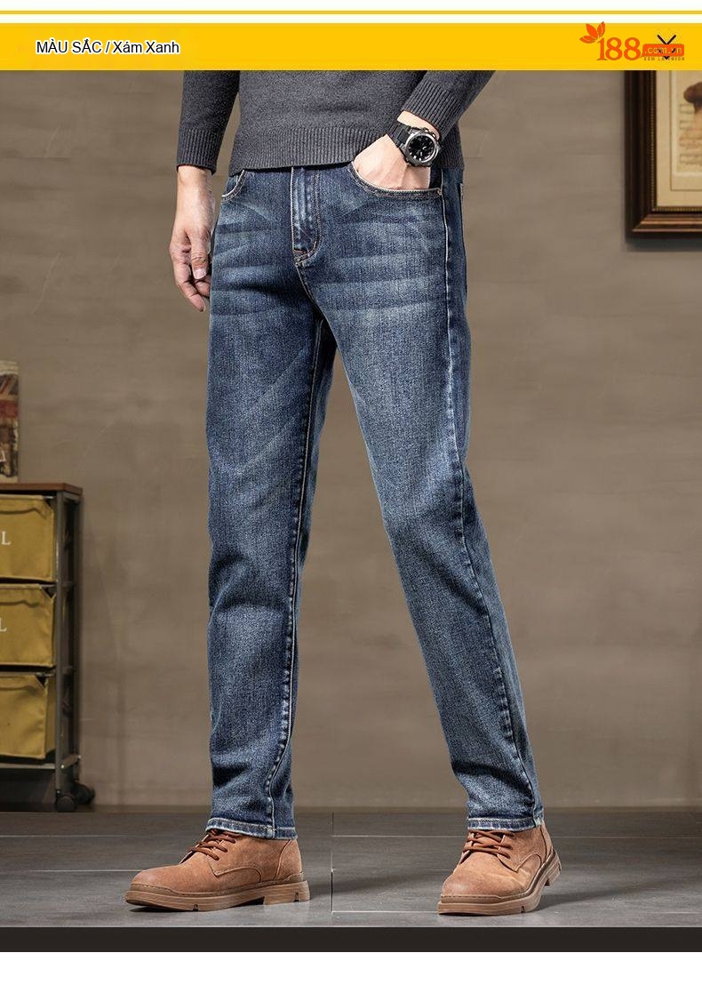 Quần Jean Nam Dáng Ôm Vừa, Ống Đứng, Co Giãn, Phong Cách Lịch Lãm Màu Xanh Denim chi tiết 11