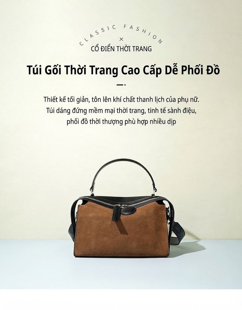 Túi Xách Tay Nữ Da Mờ Phối Da Bóng Cao Cấp Màu Nâu, Đen chi tiết 1