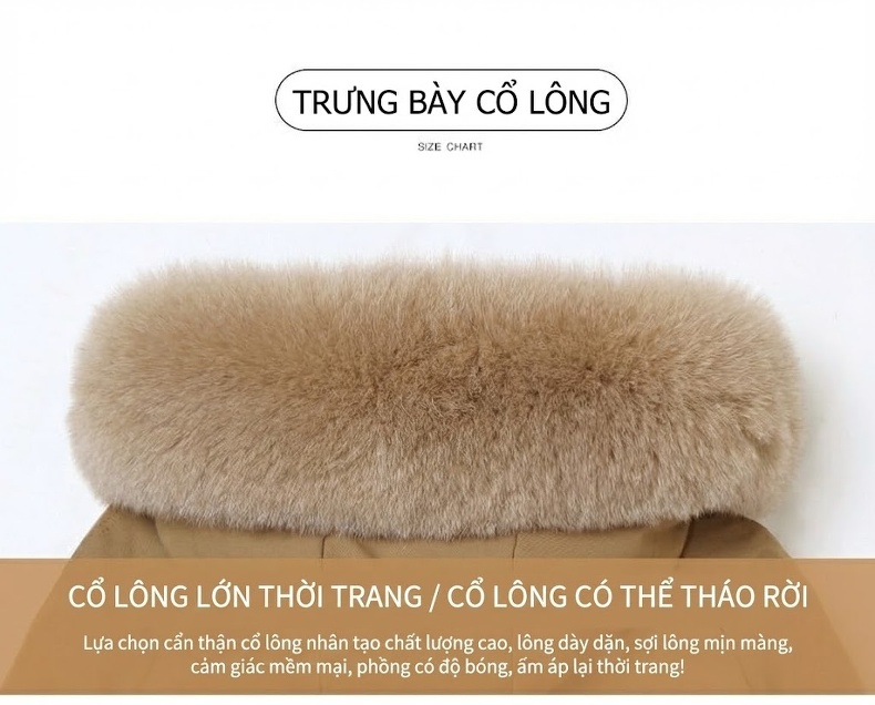 Áo Khoác Phao Nữ Ngắn Cotton Lót Lông Dày Dặn Mũ Lông Màu Nâu, Trắng chi tiết 5