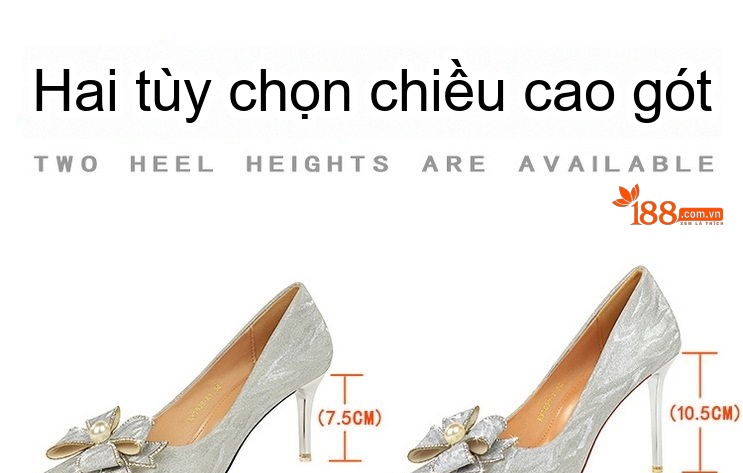 Giày Cao Gót Nữ Dự Tiệc Gót Nhọn Chiều Cao Đế Khoảng 8cm Đính Nơ, Đá, Ngọc Trai Màu Vàng, Bạc chi tiết 1