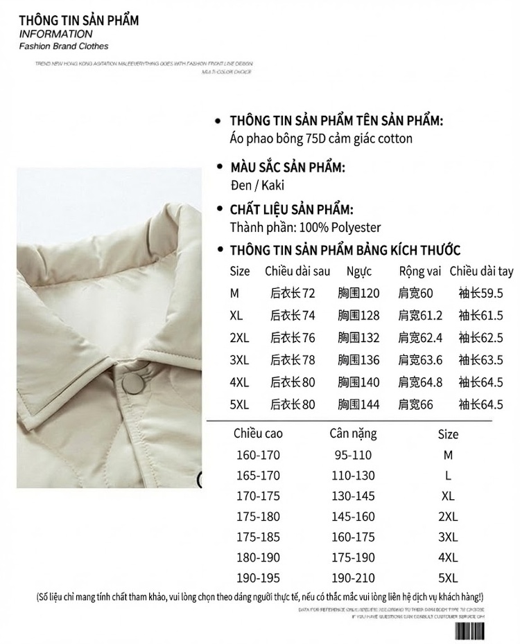 Áo Khoác Bông Nam Cổ Bẻ Họa Tiết Trám Thêu Chữ Phong Cách Casual Màu Đen, Trắng Kem chi tiết 2