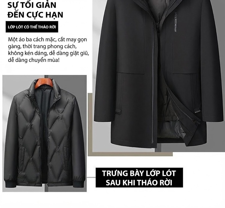 Áo Khoác Phao Nam Lông Vũ Dáng Dài Có Mũ Trùm Đầu Màu Đen, Xanh Navy chi tiết 9