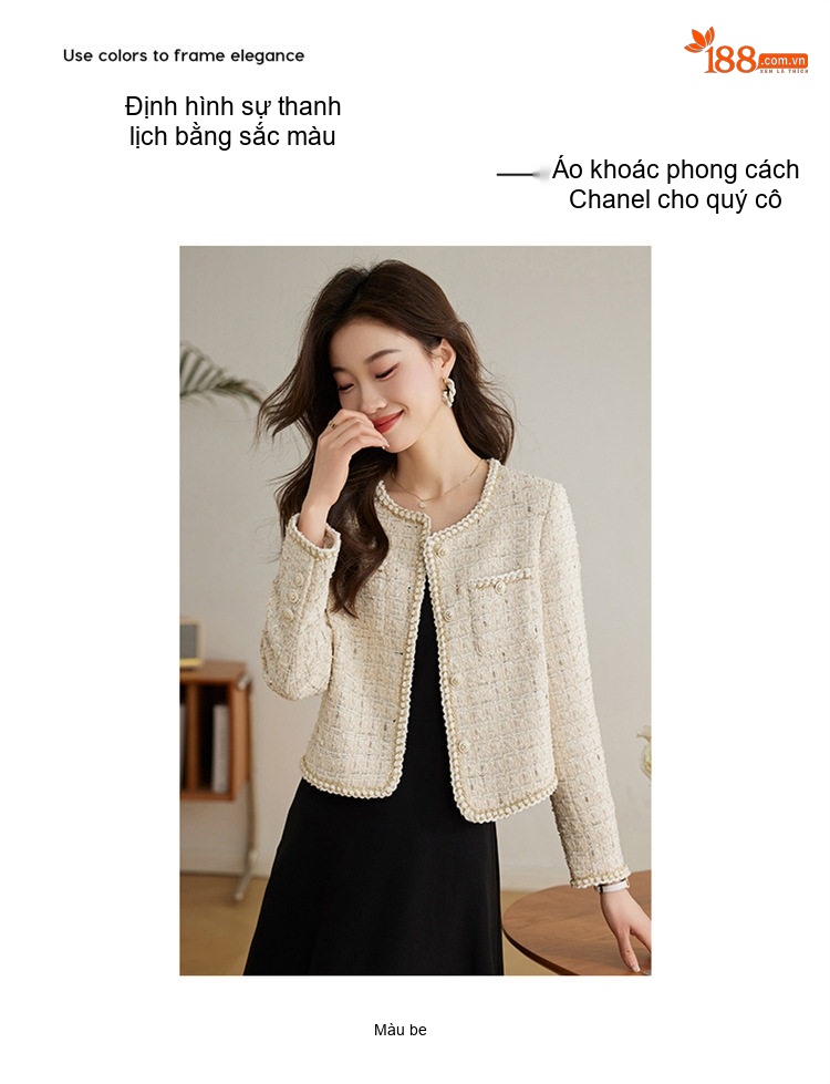 Áo Khoác Tiểu Thư Viền Ngọc Trai Thiết Kế Dáng Ngắn Thanh Lịch Màu Hồng, Kem chi tiết 5