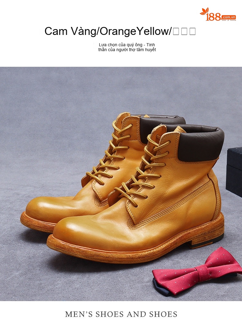 Giày Boot Martin Nam Da Bò Cao Cổ Đế Dày Thủ Công Goodyear Chiều Cao Đế Khoảng 3cm Màu Nâu chi tiết 4