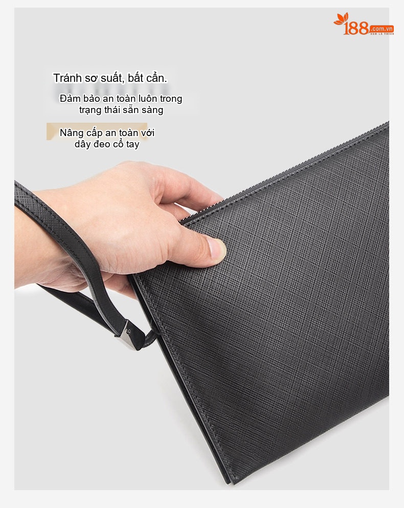 Ví Cầm Tay Nam Da Bò Vân Sọc Chữ Thập Siêu Mỏng Phong Cách Business Màu Đen chi tiết 6