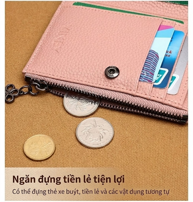Ví Ngắn Nữ Da Thật Khóa Kéo Gập Đôi Phong Cách Hàn Quốc Màu Hồng chi tiết 18